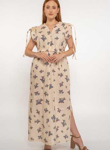 Dámske ľanové dlhé šaty béžové s potlačou