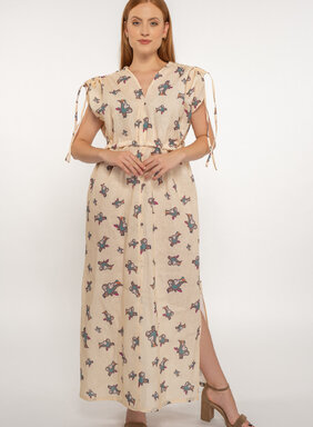 Dámske ľanové dlhé šaty béžové s potlačou